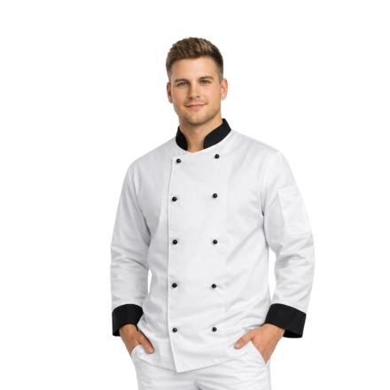 Bluza kucharska biała długi rękaw wstawki czarne roz.M – bluza kucharska – odzież gastronomiczna